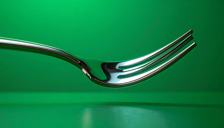A single, polished silver fork is captured in a minimalist composition against a striking green background.の素材