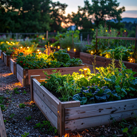 As twilight settles, warm string lights cast a magical glow over a thriving raised bed vegetable garden.の素材