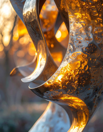A close-up detail of a modern metal sculpture captures the warm, reflective glow of the setting sun.の素材