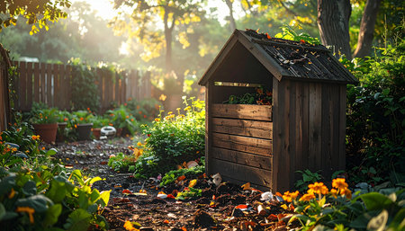 In a quiet corner of a lush backyard, a rustic wooden shed stands among the foliage.の素材