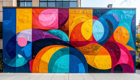 A burst of vibrant color and dynamic shapes transforms a simple city wall into a public masterpiece.の素材