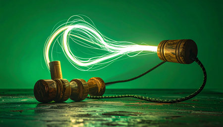 A brilliant arc of raw electrical energy leaps across the terminals of a vintage device, its path captured in a dynamic streak of light.の素材