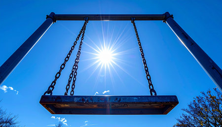 From a low angle perspective, an empty swing is silhouetted against a brilliant sunburst in a clear blue sky.の素材
