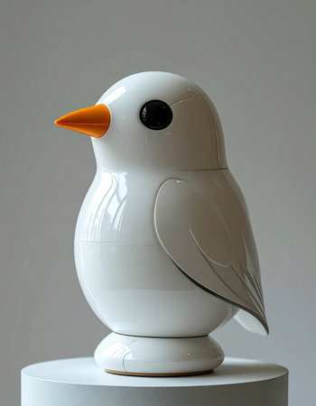 A beautifully crafted minimalist bird sculpture stands serenely on a pedestal.の素材