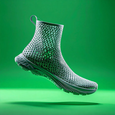 A glimpse into the future of athletic performance. This innovative, lightweight sock sneaker, crafted from a single piece of woven material, floats effortlessly against a vibrant green backdrop.の素材