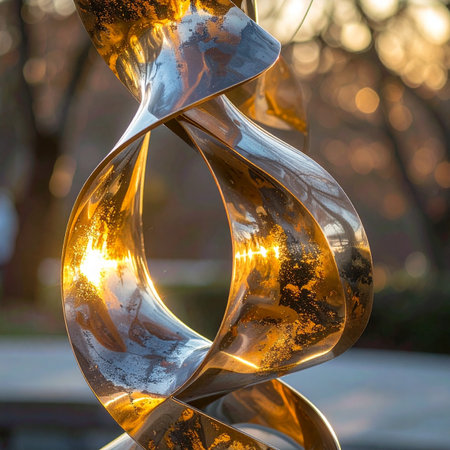 A modern, fluid metal sculpture captures the last rays of the setting sun.の素材