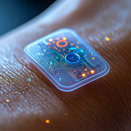 A close-up view of a revolutionary biometric sensor patch adhered to the skin. Glowing microcircuits actively monitor vital signs, transmitting real-time health data wirelessly.の素材