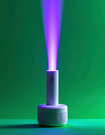 A sleek, minimalist device emits a powerful beam of violet light, cutting through the vibrant green atmosphere.の素材