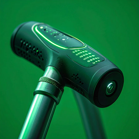 A cutting-edge security device glows with a vibrant green interface against a matching background.の素材