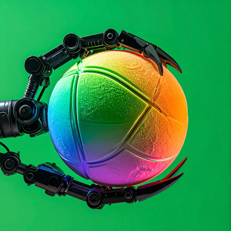 A futuristic robotic arm gently cradles a vibrant, rainbow-colored volleyball against a stark green background.の素材