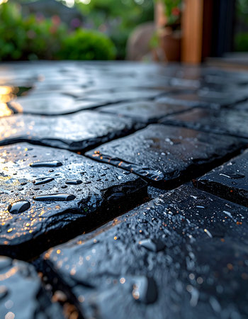 After a gentle morning shower, water droplets cling to the dark slate tiles of a garden patio, catching the soft light.の素材