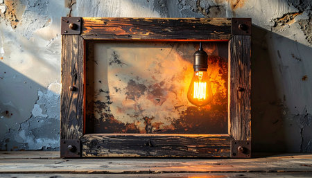 A single glowing Edison bulb hangs within a weathered, rustic wooden frame, casting a warm, inviting light.の素材