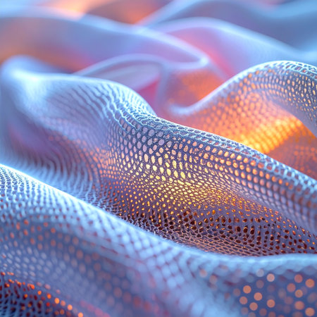 A close-up view of a futuristic, iridescent fabric reveals a landscape of soft, shimmering waves.の素材