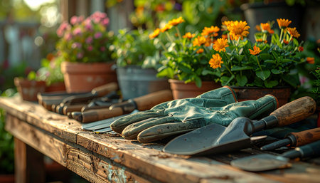 A collection of well-used gardening tools, including gloves and trowels, rests on a weathered wooden workbench.の素材