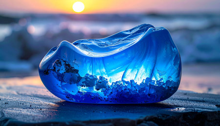 A stunning piece of art, resembling a captured ocean wave, glows with the warm light of a setting sun.の素材