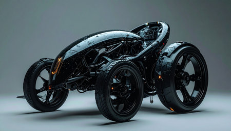 A glimpse into the future of personal mobility, this sleek, three-wheeled concept vehicle sits poised in a studio setting.の素材