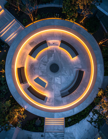 From a bird's-eye perspective, a modern circular amphitheater glows with warm, inviting light against the night's darkness.の素材