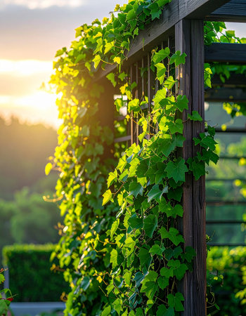 As the day ends, the warm, golden light of the setting sun filters through the lush green leaves of a grapevine.の素材