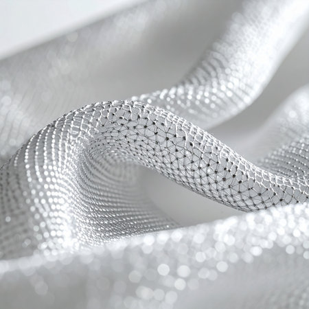 A macro view captures the intricate details of a luminous silver textile.の素材
