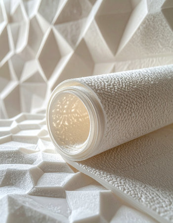 A roll of textured material rests on a matching three-dimensional geometric surface, showcasing modern design and material innovation.の素材