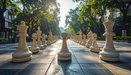 An epic game begins on a life-sized chessboard set in a sun-drenched city park.の素材