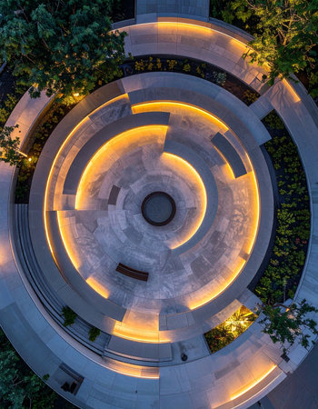 An aerial top-down view of a modern architectural labyrinth glowing with warm, golden lights.の素材