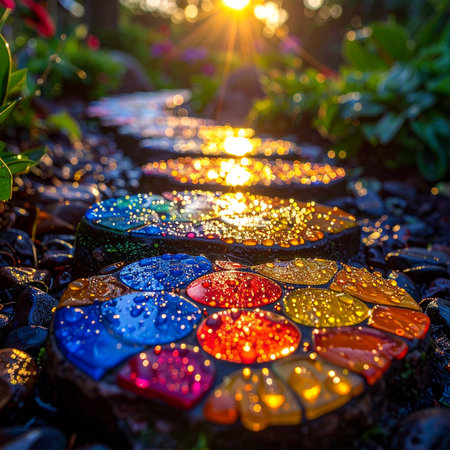 Follow a whimsical path of colorful, glowing mosaic stepping stones as it winds through a lush garden at sunset.の素材