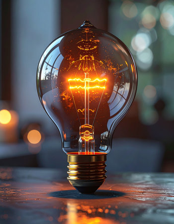 In a quiet, dimly lit room, a single vintage Edison bulb comes to life, its filament glowing with a warm, brilliant light.の素材