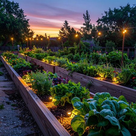 As the sun sets, casting a warm purple glow across the sky, a community vegetable garden comes to life under the gentle illumination of small lights.の素材
