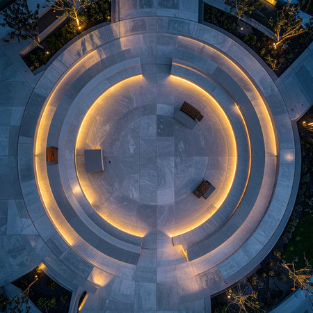 An aerial perspective reveals a modern architectural plaza glowing warmly under the night sky.の素材