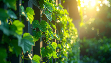 The first golden rays of sunrise filter through a garden, illuminating the vibrant green ivy as it climbs a dark fence.の素材