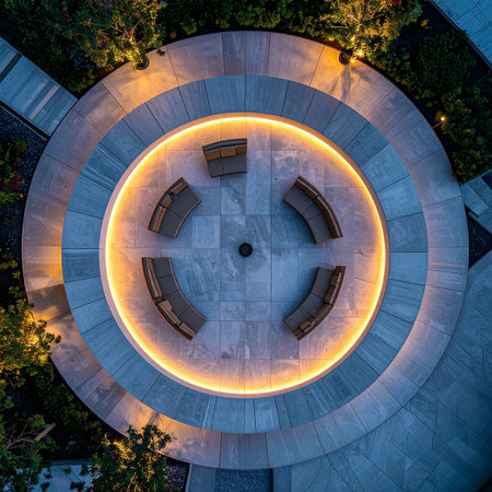 From a top-down perspective, a modern circular plaza glows with warm, ambient light under the night sky.の素材
