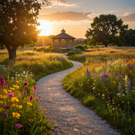 A winding gravel path meanders through a vibrant wildflower meadow during a breathtaking golden hour sunset.の素材