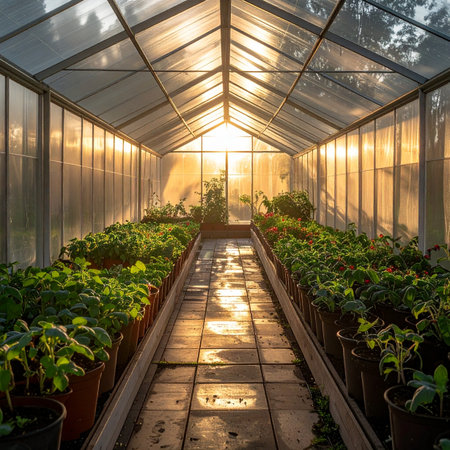 As the day ends, a warm, golden sunset streams through a tranquil greenhouse, illuminating rows of young seedlings.の素材