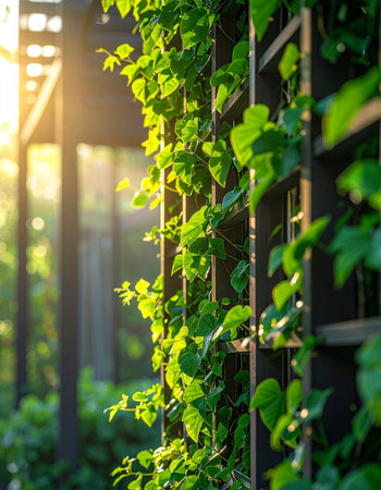 As the morning sun casts a warm, golden glow, a vibrant green vine tenaciously climbs a garden trellis.の素材
