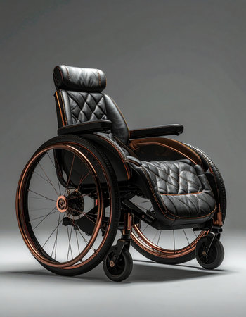 Isolated on a neutral grey background, this state-of-the-art wheelchair shines.の素材