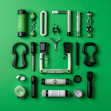 An overhead view of meticulously organized modern gadgets and tools for adventure and content creation.の素材