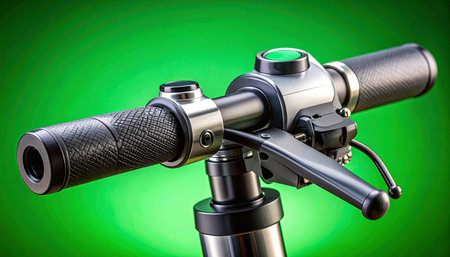 A detailed close-up of an electric scooter's handlebar controls, poised against a vibrant green background.の素材