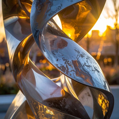 As the sun sets, its warm golden light kisses the cool, twisting surfaces of a modern metal sculpture.の素材