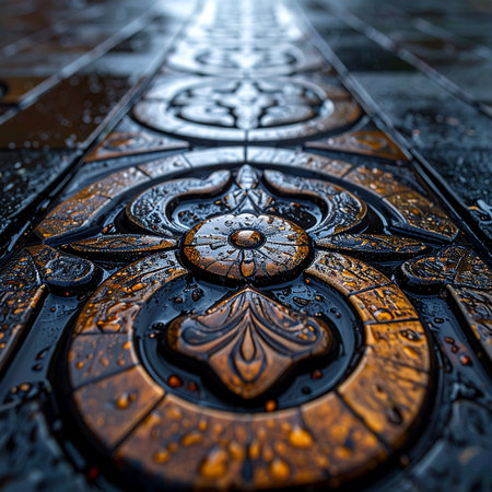 A low-angle perspective follows an intricately carved metal pathway, its antique bronze and gold surface gleaming under a distant light.の素材