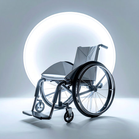 A sleek, modern wheelchair is dramatically backlit against a glowing circle, symbolizing innovation and hope.の素材