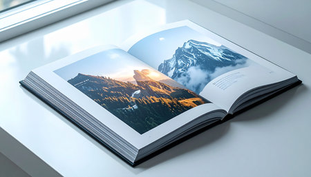 An open photobook rests on a white surface by a window, its pages filled with breathtaking mountain landscapes.の素材