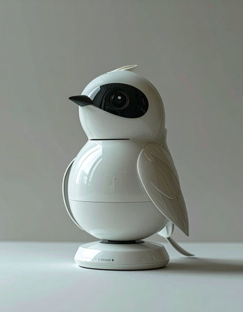 A charming, bird-shaped smart home camera stands watch, blending playful design with modern technology.の素材