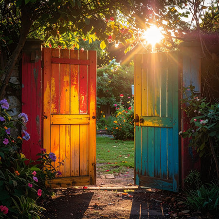 A brightly painted wooden gate stands open, inviting you into a secret garden bathed in the warm, golden light of a rising sun.の素材