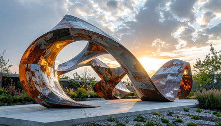 A magnificent, flowing metal sculpture catches the last rays of the setting sun.の素材