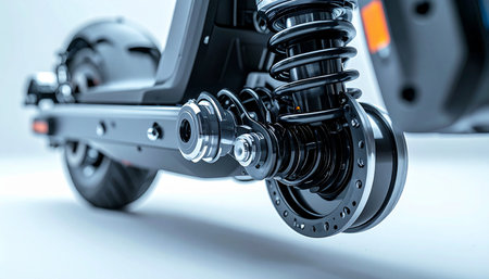 A detailed close-up reveals the advanced engineering of a modern electric scooter's rear suspension system.の素材