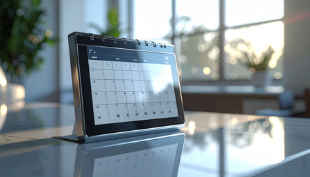 A digital tablet sits on a glossy office desk, its screen displaying a calendar application ready for the day's appointments.の素材