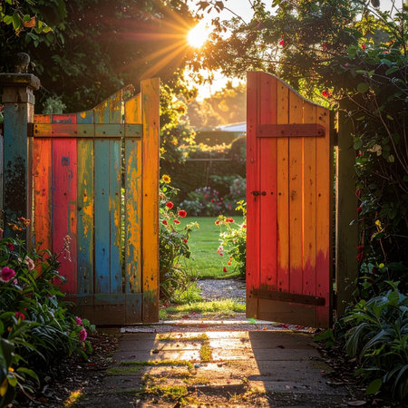 An open, rainbow-painted wooden gate invites you into a secret garden, bathed in the warm, golden light of a new day.の素材