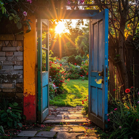 An old, weathered blue door stands open, revealing a secret garden bathed in the warm, golden light of a spectacular sunrise.の素材