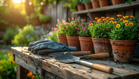 As the sun sets, casting a warm glow over the backyard, a potting bench holds the tools of a passionate gardener.の素材